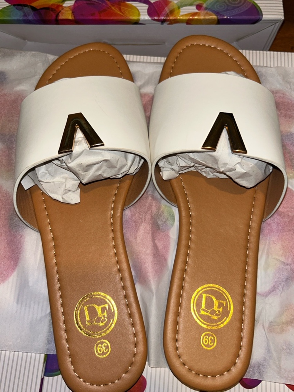 Women’s White Slide Sandals with Gold Accent